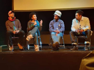 Black Ark Media event, speakers from left to right: Ronnie, Ella, Derrick, and Theo, after their showing of the documentary The Stuart Hall Project, for Stroud Film Festival.
